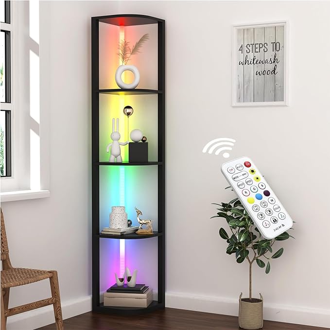 ROJASOP 5 Tiers Corner Shelf with Light Tall Display Shelf for Collectibles Control Multiple Color Lights via APP and Remote Control Floor Lamp with Shelf Supports Dimming for Living Room Bedroom Home