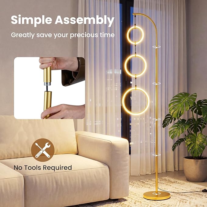 Giantex 71'' Modern 3-Ring LED Floor Lamp, Dimmable Standing Lamp with Foot Switch, 3 Color Temperatures Tall Contemporary Light for Living Room, Bedroom, Office, Gold