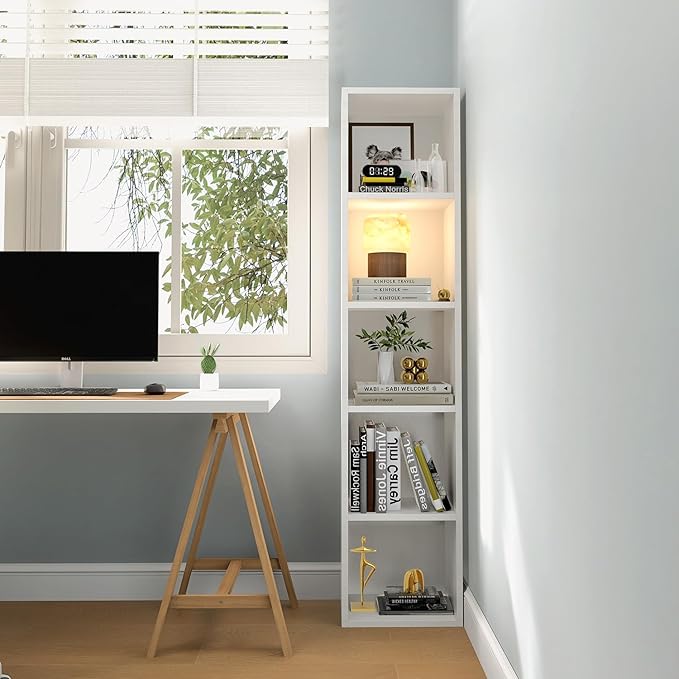 MXV Narrow Bookshelf, 5-Tier Open Bookcase, Coner Shelf, Storage Shelves, Display Storage Shelves, Floor Standing Unit, Home Decor, Furniture for Home Office, Living Room, Bedroom, White