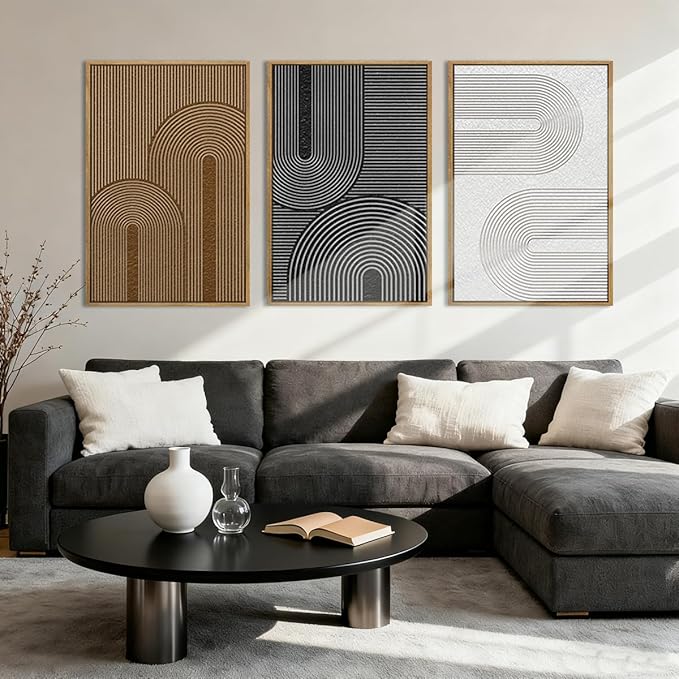 BINCUE Large Neutral Wall Art Framed,Dark Modern Abstract Canvas Wall Decor Boho,Minimalist Artwork Mid Century,Black Brown Geometric Painting for Home Living Room Bedroom Hallway 16''x24'' Set of 3