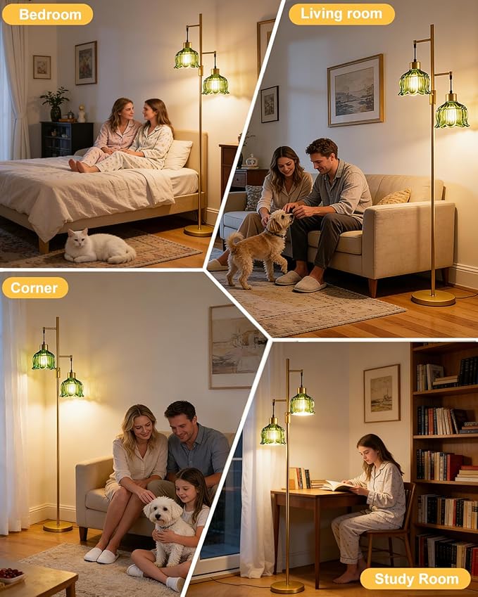 Lightdot 2- Light Gold Flower Floor Lamp, 65IN Green Glass Floor Lamps with 3000K Warm White Bulbs, Modern Standing Tall Lamp for Living Room Bedroom Home Office Corner Sofa Beside
