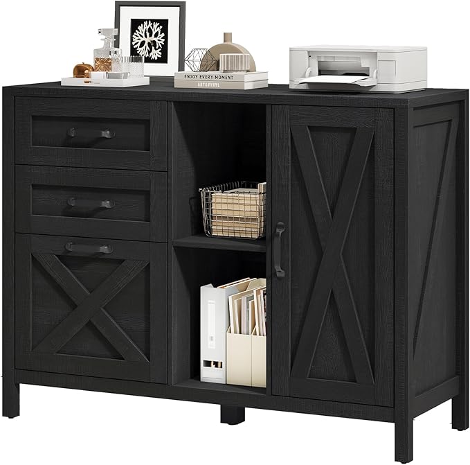 Vabches Lateral File Cabinet, Farmhouse 3 Drawer File Cabinet with Open Storage Shelf for Letter/Legal/A4 Size Hanging Files, Large Wood Storage Cabinets Printer Stand for Home Office, Black