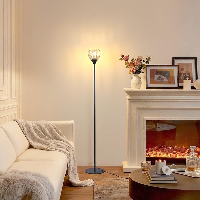 Floor Lamps for Living Room, Bedroom, Black Standing Lamp with 12W Bulb, Vintage Floor Lamp for Reading, Nursery, Corner (Amber Tulip)