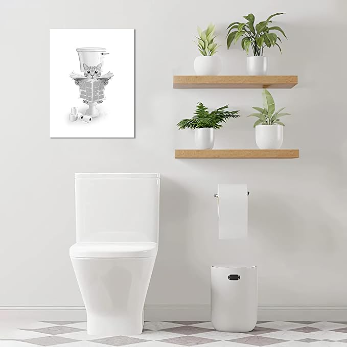 Cat Bathroom Wall Art Black and White Cat Pictures Wall Decor Funny Animal Canvas Painting Print Modern Home Decoration Artwork Framed 12"x16"