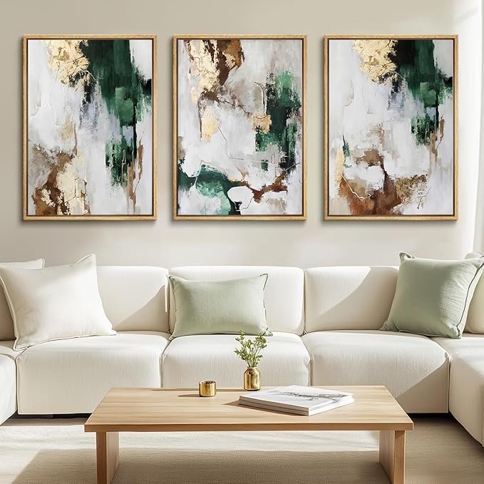 3Pcs Green and Gold Canvas Wall Art Abstract Posters Print Brown and Gray Line Pictures Decor for Living Room Bedroom Bathroom Home Decoration Unframed