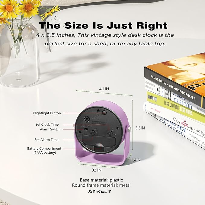 AYRELY® 3.5 Inch Small Analog Alarm Clocks,Battery Operated Desk Clock,Cute Table Clock with Light,Adjustable Angle for Travel,Bedside,Bedroom,Kids,Living Room Decor (Purple)