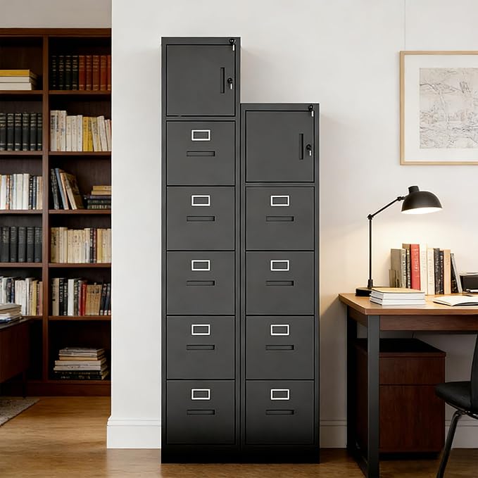 4 Drawer Filing Cabinet with Lock and Card Slot, Vertical Locking File Cabinet with Doors for Home Office, Small Metal File Cabinets for Legal Letter File Folders, Assembly Required