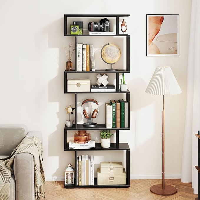 Giantex 6-Tier Geometric Bookshelf, S-Shaped Bookcase with 2 Anti-Tipping Kits, Wooden Display Shelf, Decorative Storage Shelving Unit, Home Storage Organizer for Office Living Room (1,Black)