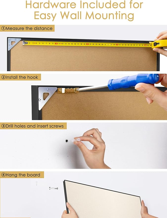 Bulletin Board 30 x 20 inches, Oatmeal White Pin Board Vision Board, Black Aluminum Framed Fabric Cork Board with 10 Push Pins, Black Framed