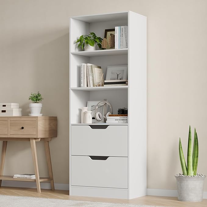 Bookcase with 2 Drawers, 63" 3-Tier Bookshelf with Storage, 3 Shelf Bookcase with Adjustable Shelf, Modern Bookshelf, Open Shelves Bookshelf for Study, Bedroom & Home Office, White