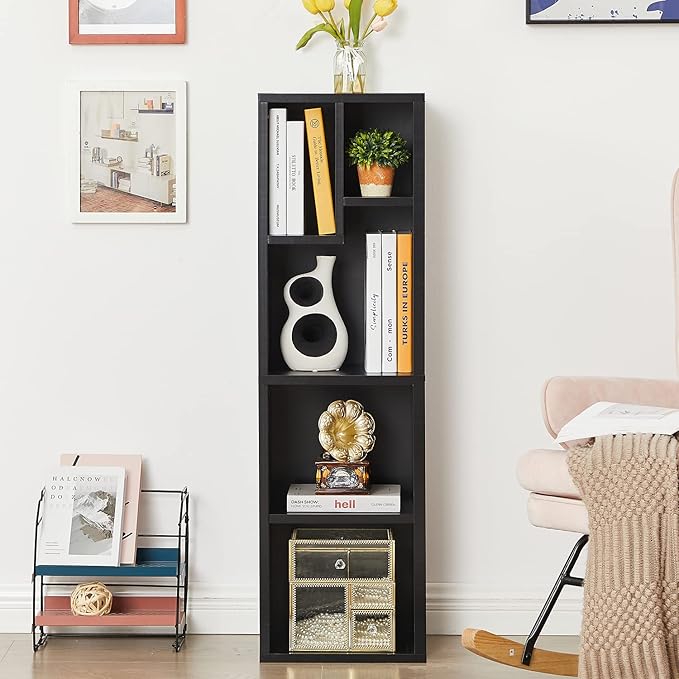 VECELO 4-Tier Slim Bookcase, Modern Storage Cabinet, Slim Bookshelf, Fits Tallest Hardcover, 5 Cubes, Vertical or Horizontal, Easy Assembly, Vintage Black