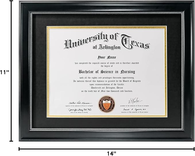 GraduationMall 8.5x11 Diploma Frame with Black over Gold Mat or Display 11x14 Document without Mat, UV Protection Acrylic, Black with Silver Beads