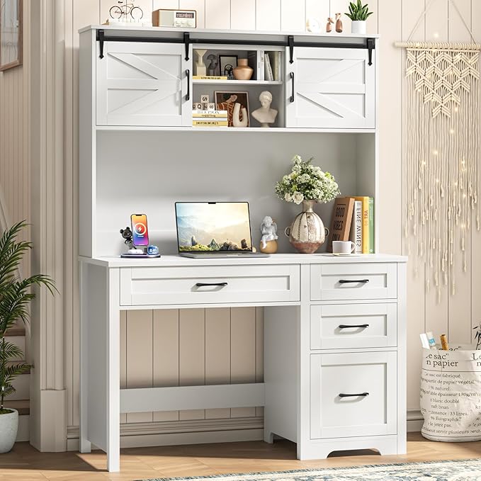Farmhouse 67" H Executive Desk with Hutch,Computer Desk with Charging Station,Office Table with LED light and 4 Drawers,File Drawers and Storage Cabinet,Workstation for Home Office.Cream White