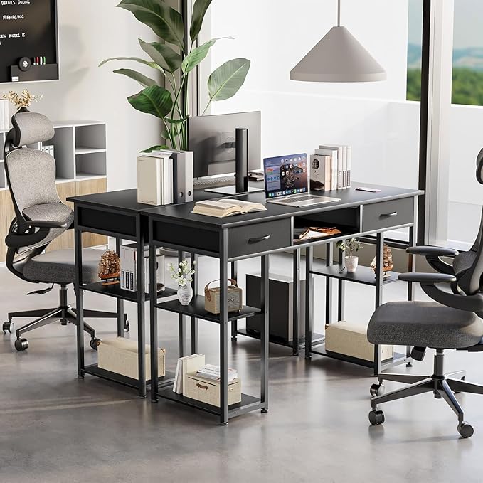 Sweetcrispy Computer Gaming Desk with Drawers- 48 Inch Home Office Bedroom Writing Study PC Table with Storage Shelves, Metal Frame Adjustable Feet, Pure Black