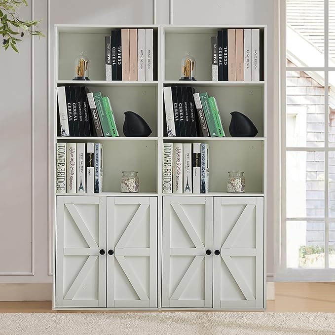 White 5-Tier Bookshelves for Living Room, Farmhouse Tall Bookcase with Doors, Wooden Bookshelf with Storage Cabinet and Shelves for Living Room, Home Office (2PCS)