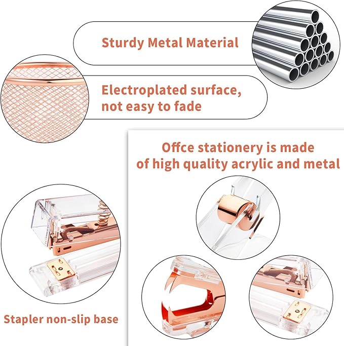 Rose Gold Desk Accessories, Office Supplies Set with Acrylic Stapler, Tape Dispenser, Staple Remover, Pen Holder, Scissor, Binder Paper Clips, 1 Ballpoint Pen, 1 Clear Tape and 1000pcs Staples