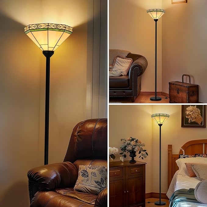 Floor Lamp with Stained Glass Shade, Vintage Style Torchiere Standing Lamp, Tall Pole Lamp with Foot Switch, Mid Century Modern Decorative Corner Light for Living Room Bedroom Home Office(E26 Base)