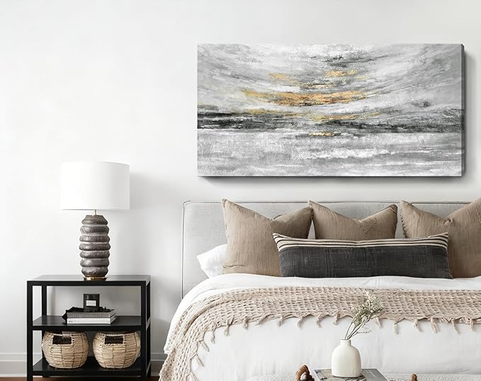 Nicetop Coastal Wall Decor 48x24 Inch, Abstract Canvas Wall Art Black White and Gold, Modern Ocean Artwork Ready to Hang for Living Room, Bathroom, Bedroom and Office | Minimalist