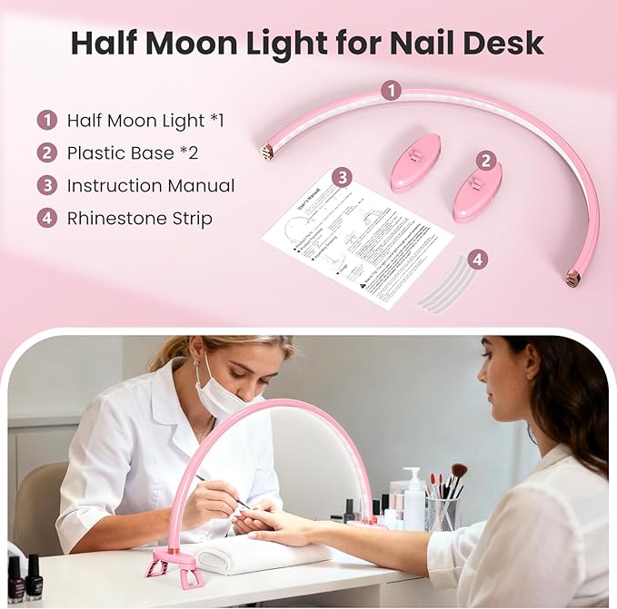 Yokilly Arc Half Moon Light: 20" Half Moon Light with Foldable Bracket for Desk Salon Table Use - No Flicker & Shadow-Free Desk Lamp with Stepless Brightness 3000-6500K for Manicurist Nail Tech