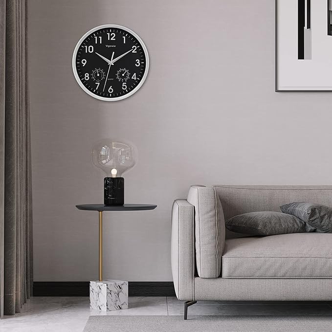 Wall Clock, Sweep Silent Movement Accurate Clocks with Temperature & Humidity, Decorative for Kitchen/Living Room/Bedroom/Office/Bathroom/Classroom (Silver, 10 inch)