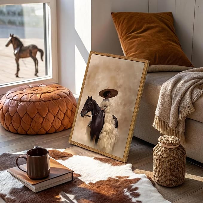 Framed Western Cowgirl Wall Art, Fashion Black Girl Riding Horse Canvas Wall Decor Painting, Black Woman African American Bride Pictures Prints Aesthetic Home Decor for Living Room Bedroom 16x24 inch