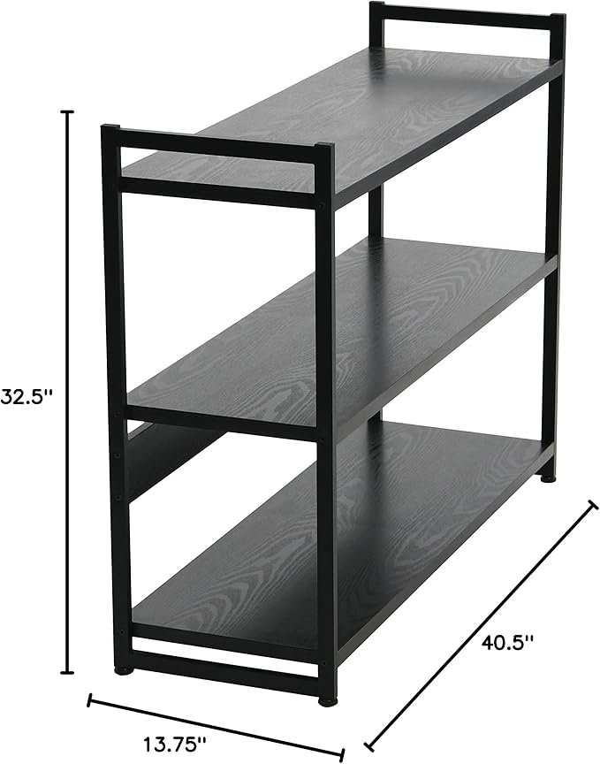 Household Essentials Jamestown Wide 3 Shelf Open Storage Bookshelf Black Oak Wood Grain and Black Metal