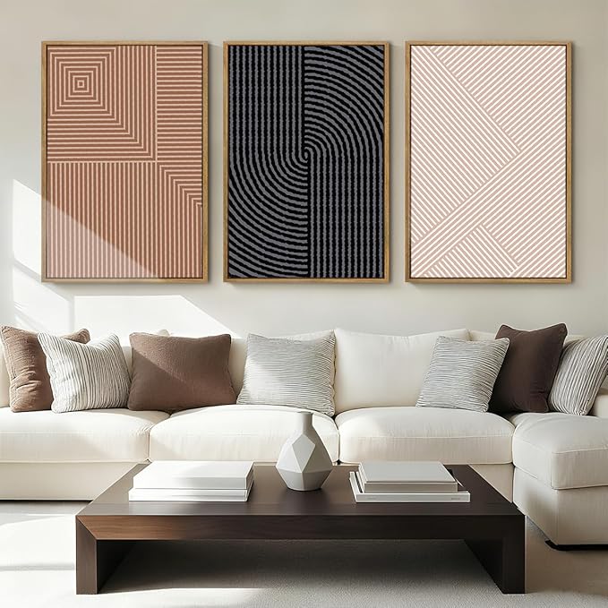 ANHUIB Extra Large Neutral Abstract Modern Canvas Wall Art Set of 3 Framed Black and White Beige Wall Decor Boho Minimalist Artwork Walls Geometric Line Painting for Living Room Bedroom Office 24x36In