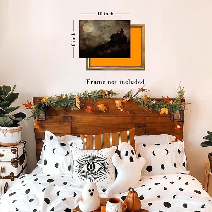 Kizbok Moody Halloween Wall Art Prints, Spooky Haunted House Landscape Canvas Painting, Gothic Halloween Pictures Wall Decor, Vintage Dark Academia Decor for Bedroom Gallery Bathroom - UNFRAMED