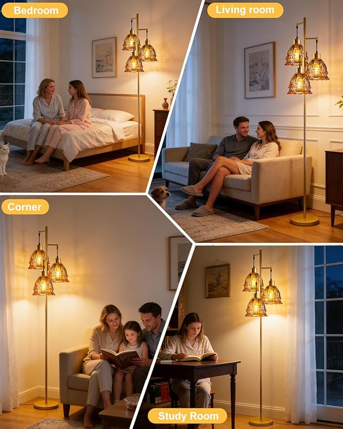 Lightdot 3-Lights Glass Floor Lamp Dimmable Gold Floor Lamps with Brown Glass Shade 3000K Bulbs Included Unique Modern Standing Tall Lamp for Living Room/Bedroom/Sofa Beside/Corner Decor