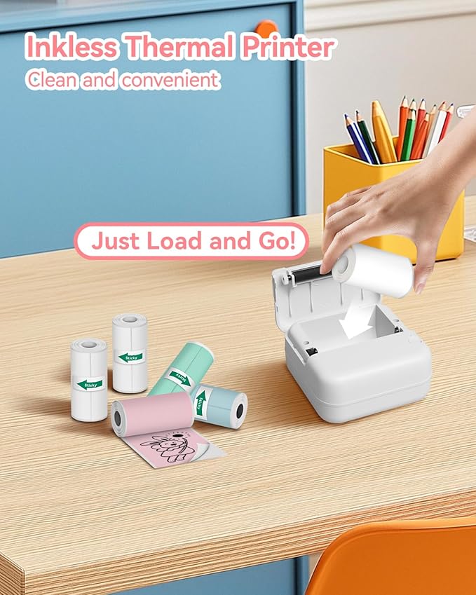 Aptika Sticker Printer - Mini Portable Printer with 14 Rolls Sticky Papers, Bluetooth Thermal Maker Machine for Students Children Birthday, Compatible with for iPhone/Android, Pink
