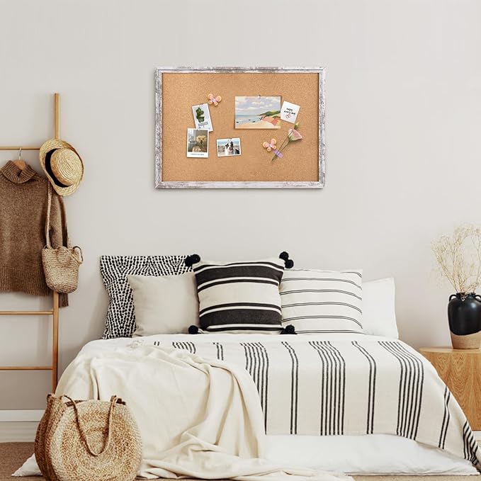 Cork Board Bulletin Board, 35.4x23.6 inches Decorative Hanging Framed Cork Boards for Walls, Pin Board Vision Board for School Home Office, Bulletin Board with Wooden Frame (6090,WH,1pc)