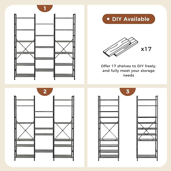 SUPERJARE Triple Bookshelf, Bookcase with 17 Open Display Shelves, Wide Book Shelf Book Case for Home & Office, 6 Tier, Grey