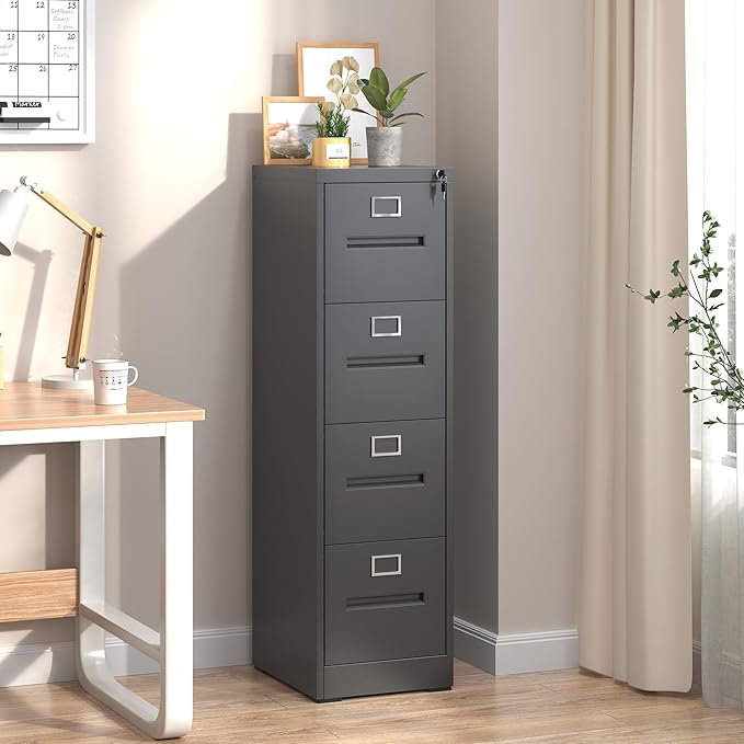 4 Drawer File Cabinet, Vertical File Cabinet with Lock, Metal Locking Filing Storage Cabinet for Home Office, Hanging Files for A4/ Legal/Letter, Assembly Required, Black