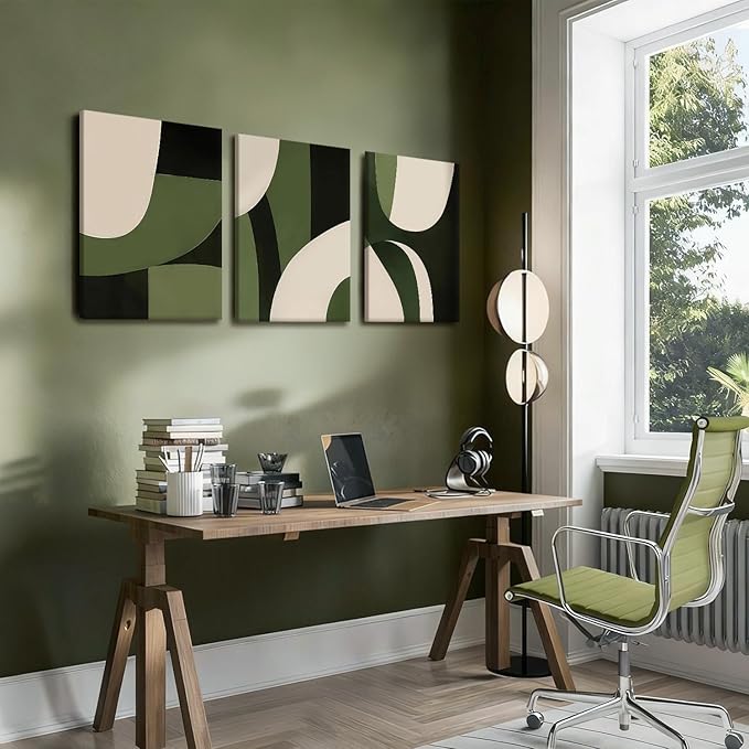 NCCXNCC 3-Pcs Abstract Geometric Canvas Wall Art in Green and Beige Line Artwork Paintings Minimalist Posters Print Medieval Modern Pictures Living Room Bedroom Office Wall Decoration 16x24 inch