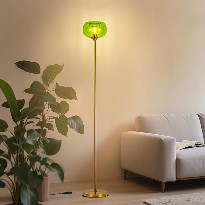 MAYNA Globe Floor Lamp, Emerald Green Round Glass Standing Lamp with Built-in Timer Switch, Gold Tall Vintage Lamps for Living Room Bedroom, 2700K LED Bulb Included