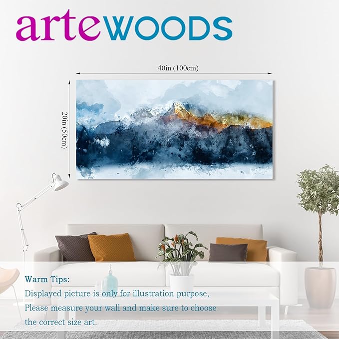 arteWOODS Canvas Wall Art - Abstract Mountain Painting with Blue Clouds and Orange Peaks - 20" X 40" for Living Room or Bedroom Gallery Wall Decor