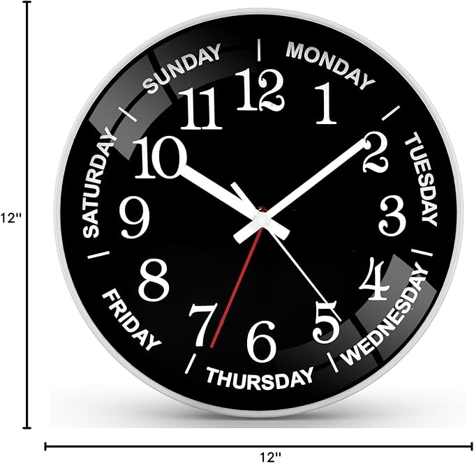 12 Inch Day of Week Wall Clock, Non Ticking Modern Clocks Battery Operated,Analog Day Clock for Seniors Eldly,Classic for Office Home Classroom Bedroom School,Unique Gift Clock