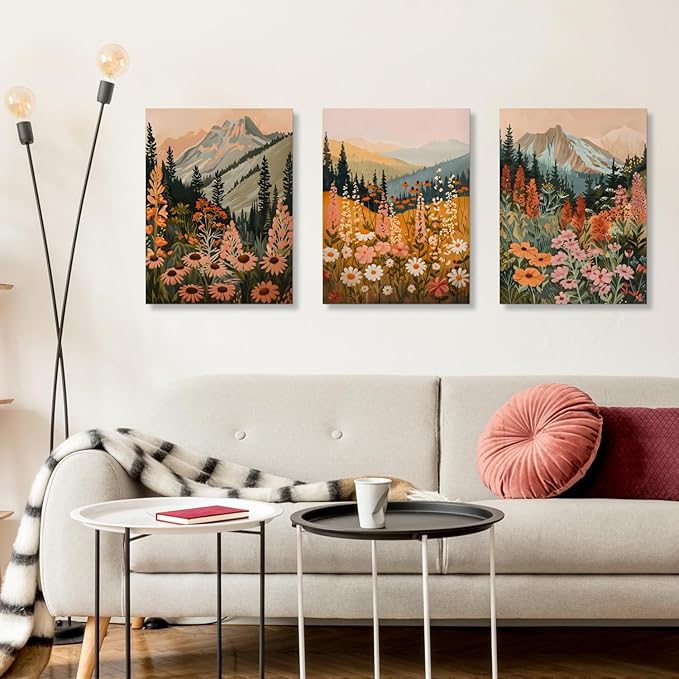 Hianan Boho Daisy Sunset Wall Art, Colorful Mountain Wildflower Wall Decor, Vintage Wildflower Canvas Painting, Modern Botanical Flower Aesthetic Picture for Bedroom Living Room Framed 12"x16"x3