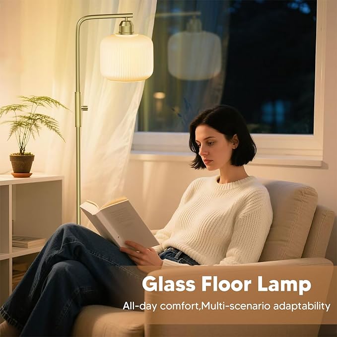 Glass Floor Lamp for Living Room, Modern Standing Lamp with White Glass Lampshade & Brushed Gold, Stepless Dimmable and Rotary Switch, 66” Tall Lamp & White Floor Lamp for Bedroom Study Room