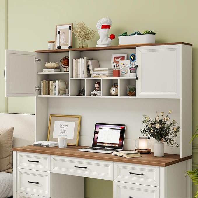Farmhouse Executive Desk with 7 Drawers and Storage Cabinet, Rustic Large Home Writing Desk with Hutch, Workstation for Bedroom, White