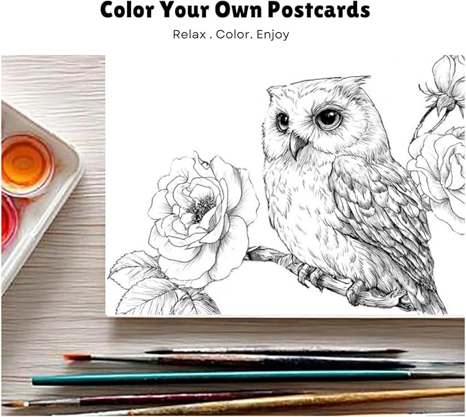 Artwink Watercolor Coloring Cards – 15 Sheets (5x7 Inches), Great for Coloring Book Lovers & Watercolor Painting Practicee (Cat/Dog/Bird/Landscape Illustrations) (Bird with Flower)