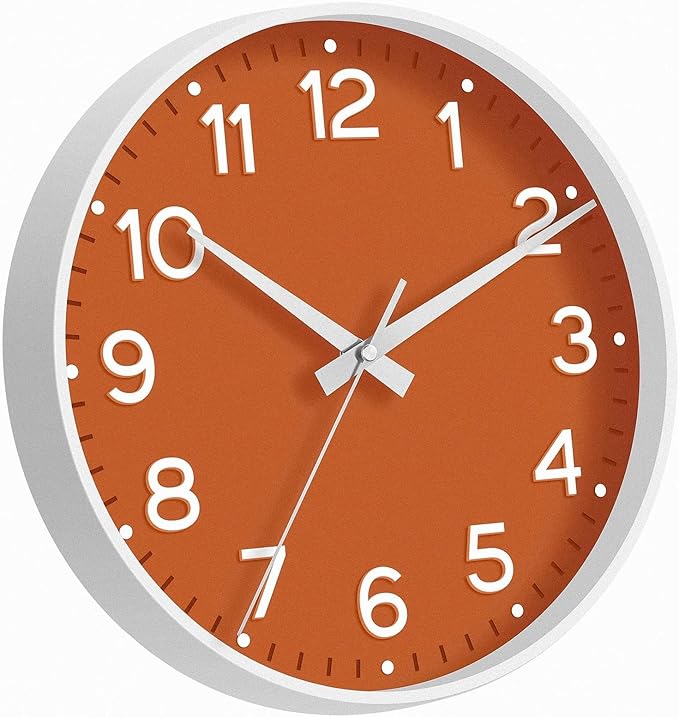 Wall Clock 10 Inch Silent Wall Clocks Battery Operated-Modern Non Ticking Analog Clock Decorative for Kitchen Bedroom Office Bathroom(Orange)