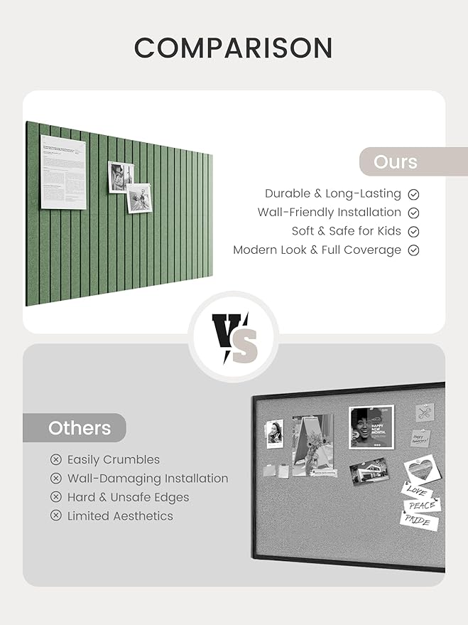 Bumusty Large Cork Board Alternative-36 x 24" Felt Bulletin Board Tiles, with 30 Pushpins, 40 Adhesive Tabs, 6-Pack Slat Wall Paneling, Cork Boards for Office Push Pin Board Felt Board-Moss Green
