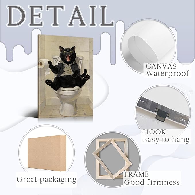 Framed Funny Black Cat Bathroom Decor Modern Bathroom Wall Art, Humor Black Cat Sitting on Toilet Cathching Toilet Paper Roll Wall Decor, Animals Posters Paintings Print Decoration 16x24 Inches
