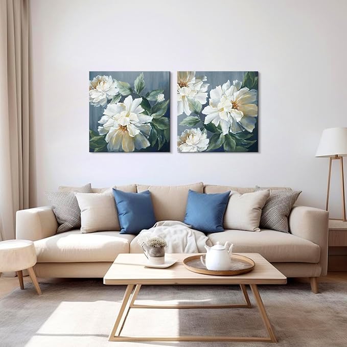 SEVEN WALL ARTS White Flower Canvas Wall Art Blooming Floral Painting Abstract Flowers Navy Blue Pictures Modern Artwork for Living Room Bedroom Bathroom 24"x24"