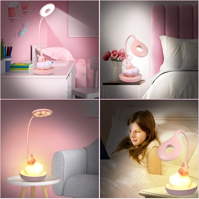 Cute Rabbit Design Dimmable Touch LED Reading Desk Lamp Night Light with 5 Levels Brightness for Boy,Girl Kid Teen (Pink Cloudy Bunny)