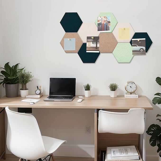 16 Pcs Hexagon Cork Board for Walls with 50 Wooden Push Pins 12x10 in Felt DIY Tiles Notice with Nano Tape Hanging Bulletin Board for Home Photo Office Memo Note (Green)