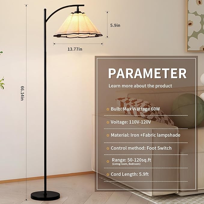 Floor Lamp with Pleated Linen Lampshade, Modern Flower Floor Lamp for Living Room Arc Standing Lamp, Gold Tall Lamp for Bedroom Office Dining Room, Bulb Included (Black + Black, 66.14IN)
