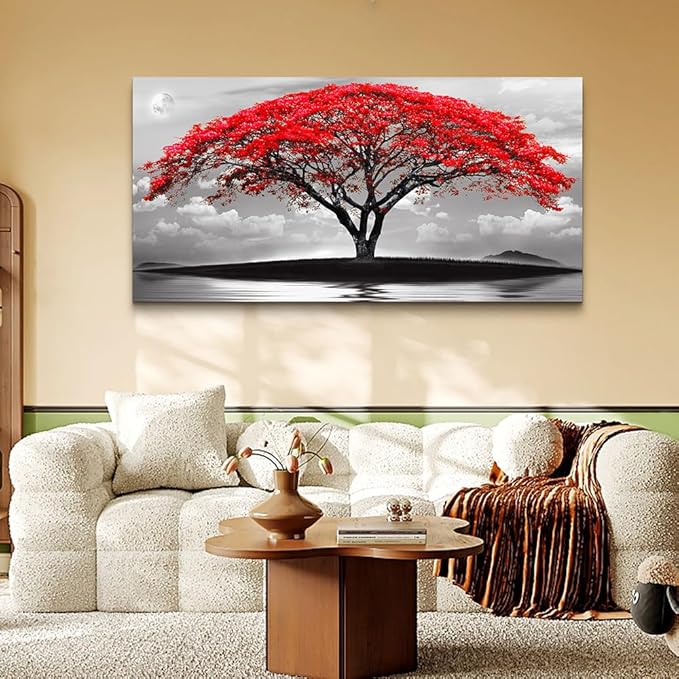 Wapluam Canvas Prints Wall Art For Living Room Bedroom Large Wall Decor Red Tree Landscape Painting Black And White Pictures To Hang Modern Home Decorations For Office Stretched And Framed Artworks