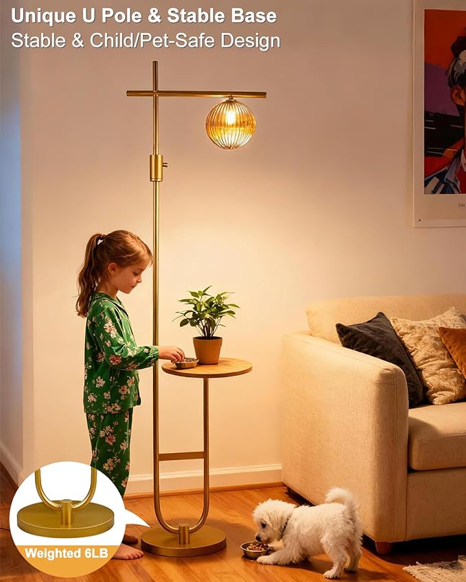 Lightdot 66IN Gold Dimmable Floor Lamps with Table, Modern Standing Tall Lamp with Brown Globe Glass Shade, Cross-Shaped Head and U-Pole Base for Living Room/Sofa Beside/Corner Decor(Bulb Included)